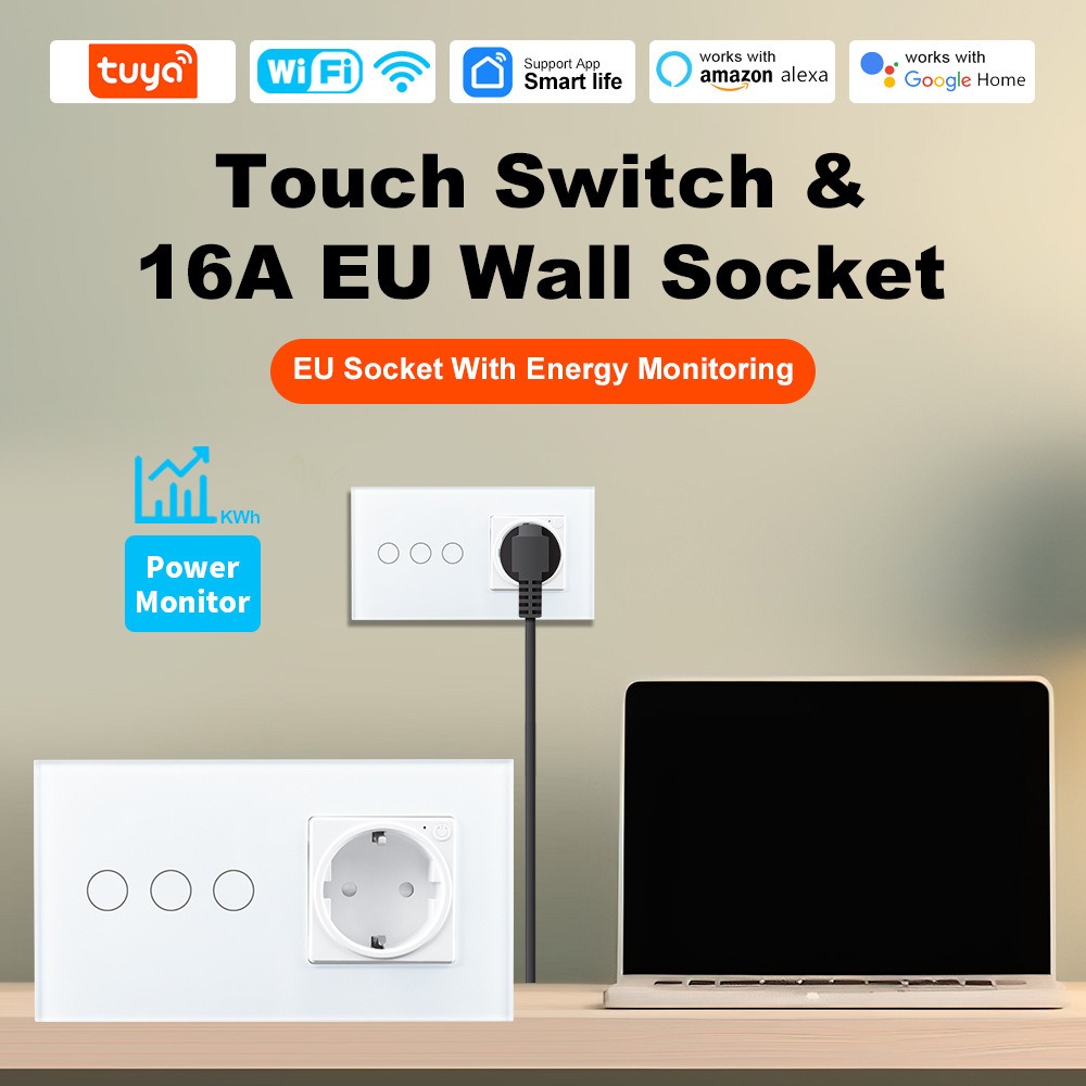 Smart Socket 16A Tuya App - เต้ารับติดผนังอัจฉริยะ WiFi 16A 2000W AC100-250V พร้อมระบบตรวจสอบการใช้พลังงาน