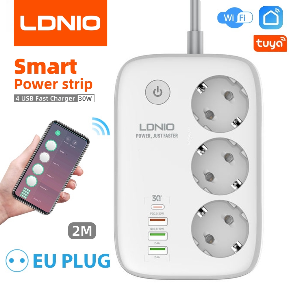 Smart Power Strip 4 Outlet Usb - ปลั๊กไฟอัจฉริยะ LDNIO รุ่น KR EU พร้อมอะแดปเตอร์เต้ารับ