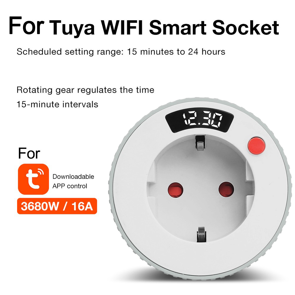 Smart Socket With Timer Countdown - สำหรับปลั๊กตั้งเวลาอัจฉริยะที่เชื่อมต่อ Wi-Fi พร้อมหน้าจอแสดงผล LED สำหรับควบคุมระยะไกลผ่านแอป Tuya