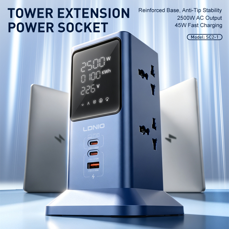 Smart Power Strip 4 Outlet Usb - ปลั๊กไฟอเนกประสงค์ LDNIO รุ่น Smart Tower พร้อมฟังก์ชันแสดงผลแบบดิจิทัล