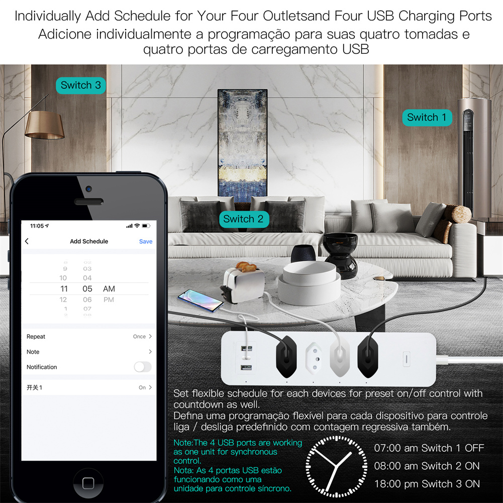 แถบไฟกระชากอัจฉริยะ Wi-Fi บราซ - Smart Power Strip 4 Outlet Usb บทวิจารณ์และราคา